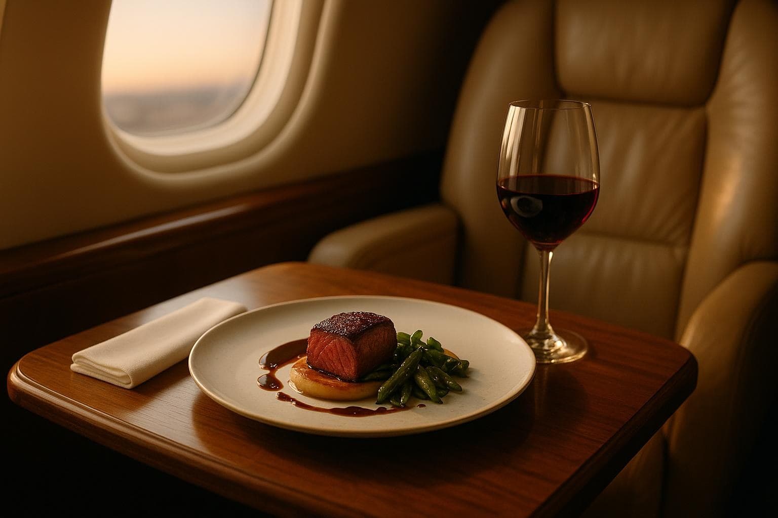 Plated fine-dining main course with red wine on a private jet cabin table at golden hour