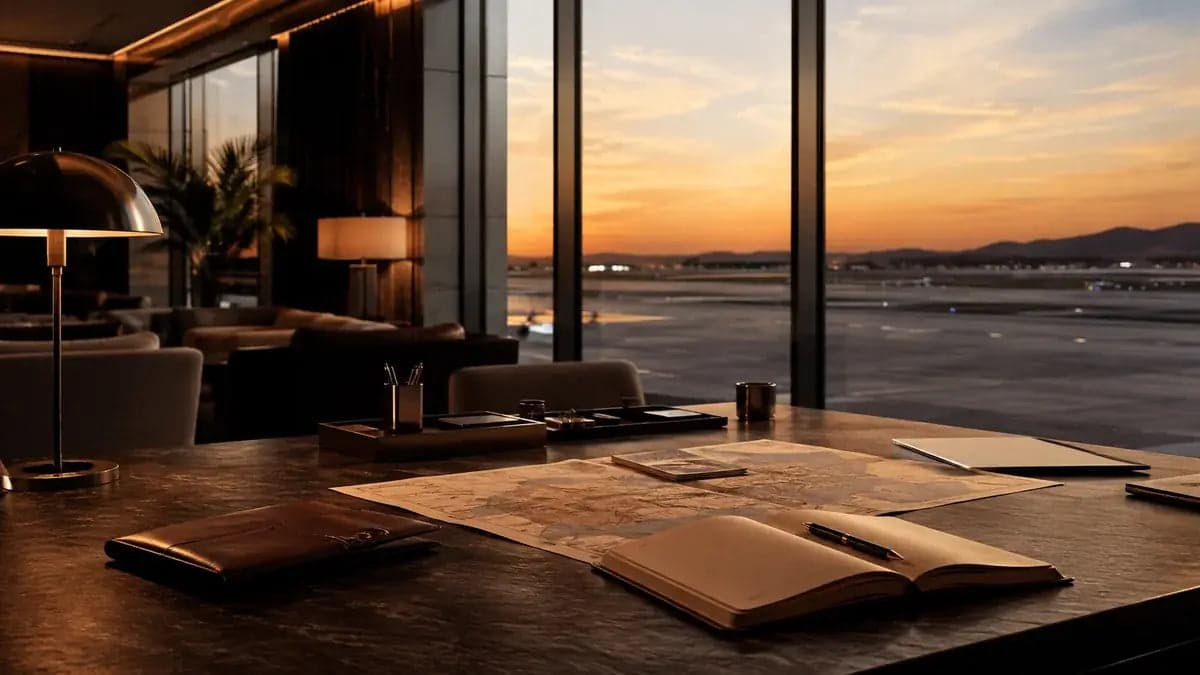 Executive route planning office overlooking an airfield