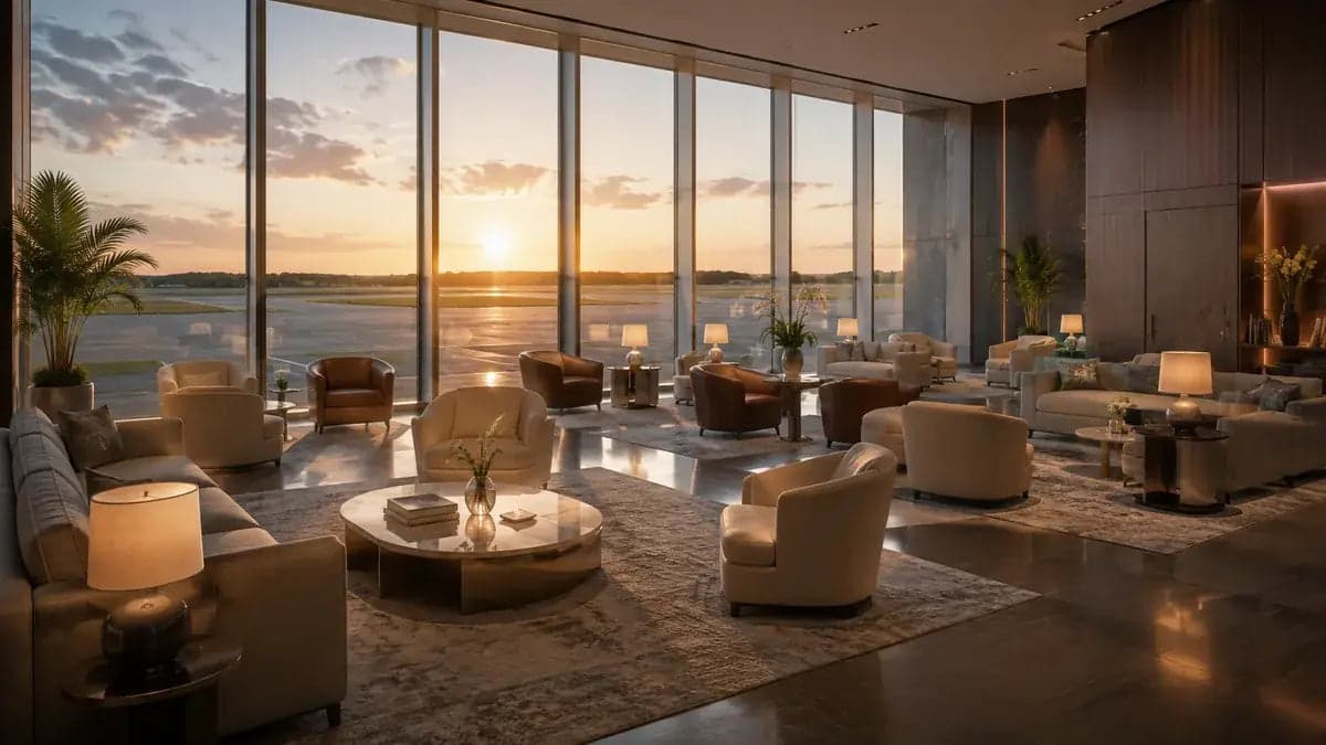 Premium empty executive lounge at golden hour