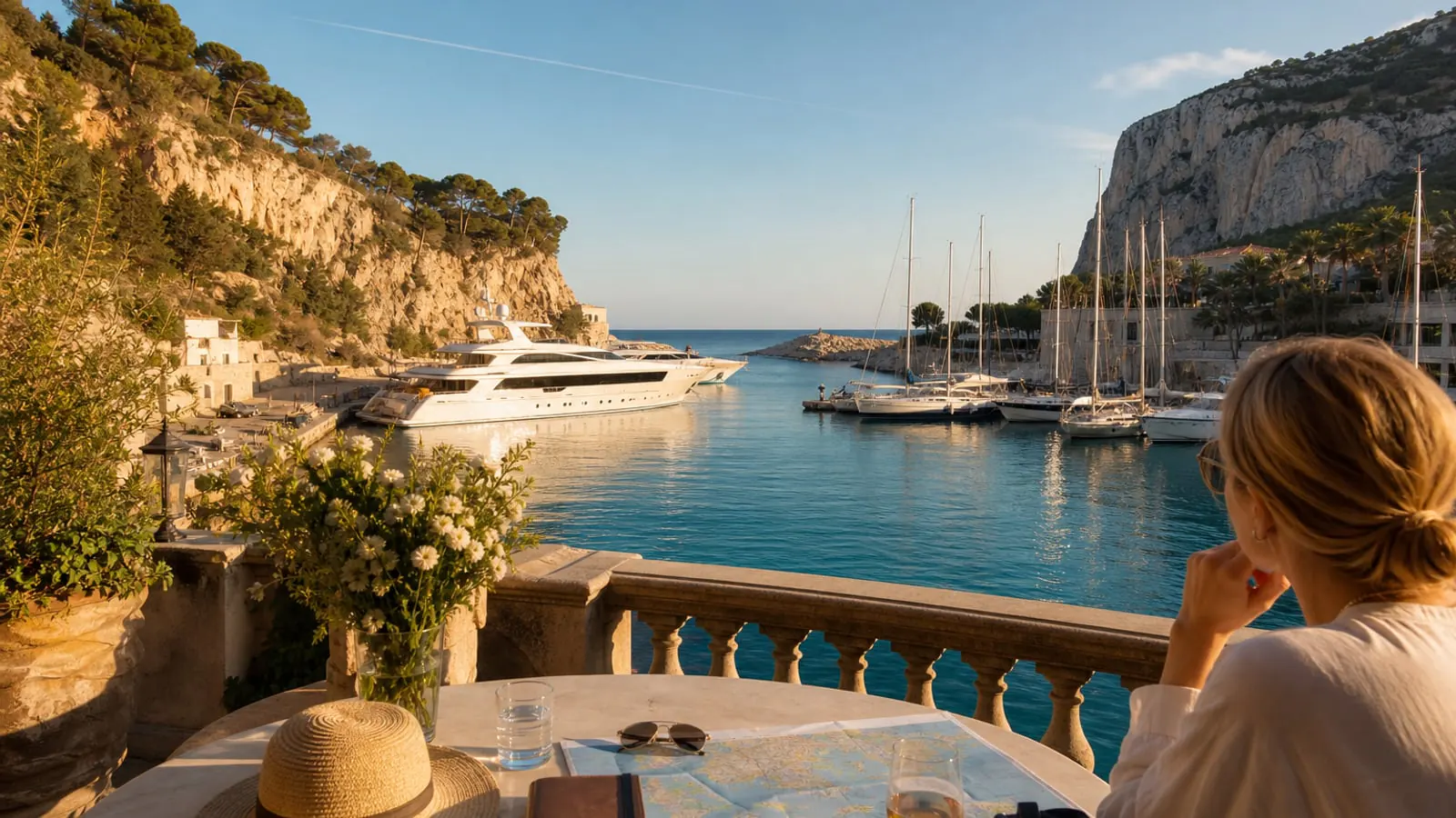Mediterranean marina terrace with yachts, turquoise water and luxury travel planning details