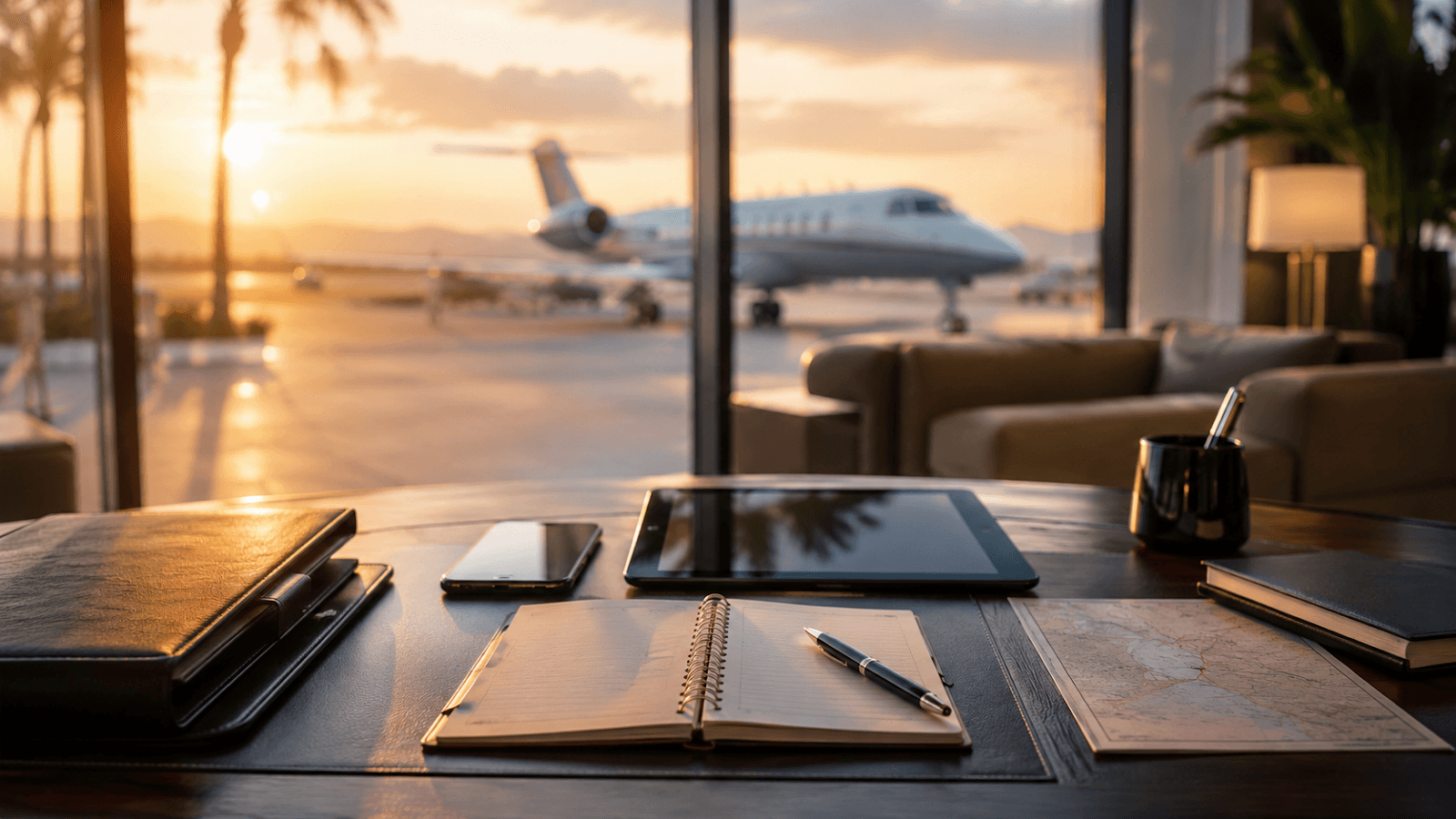 Private aviation broker planning a charter flight from an executive terminal lounge