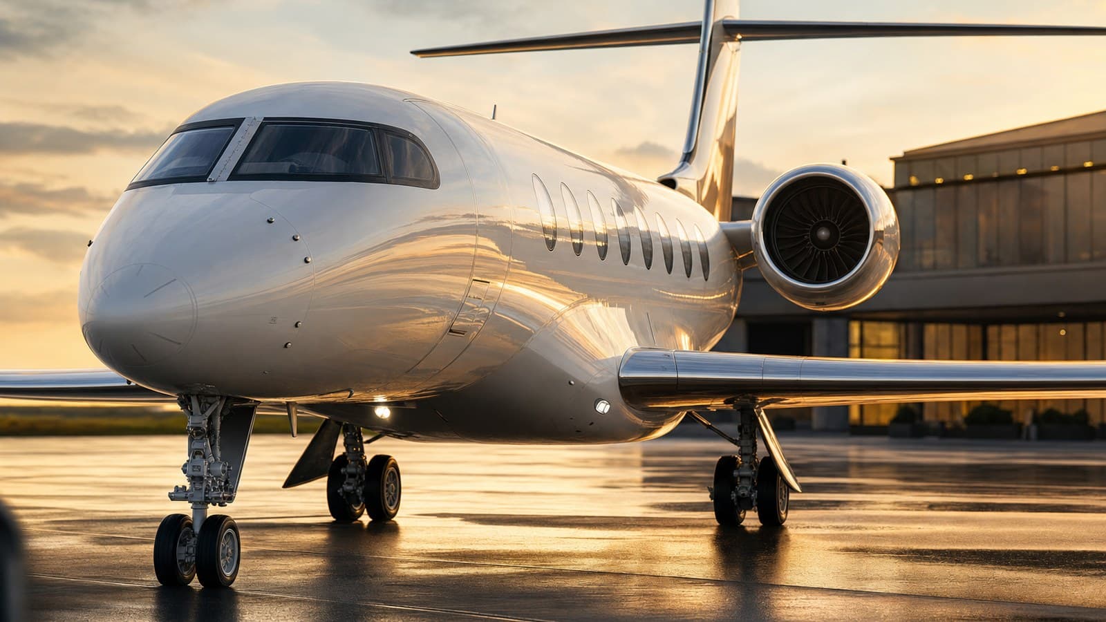 Heavy private jet on a wet FBO apron at golden hour — private jet cost per hour by aircraft category in 2026