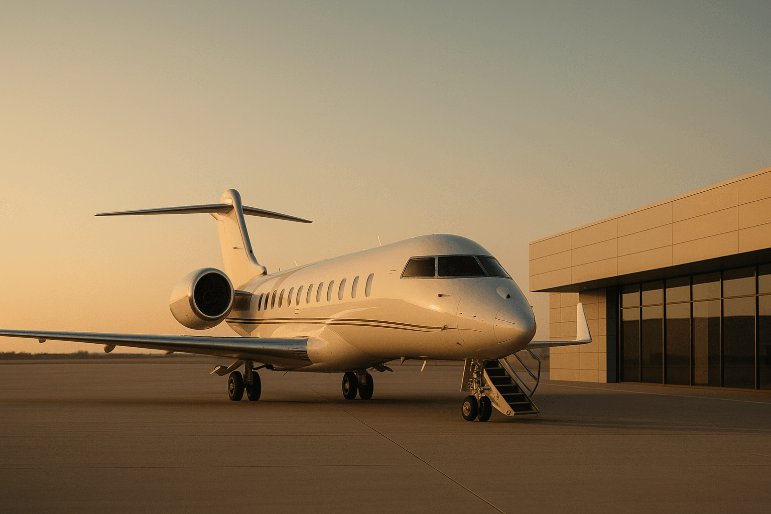 Large-cabin private jet with airstairs down beside an FBO private terminal at golden hour — private jet customs and security