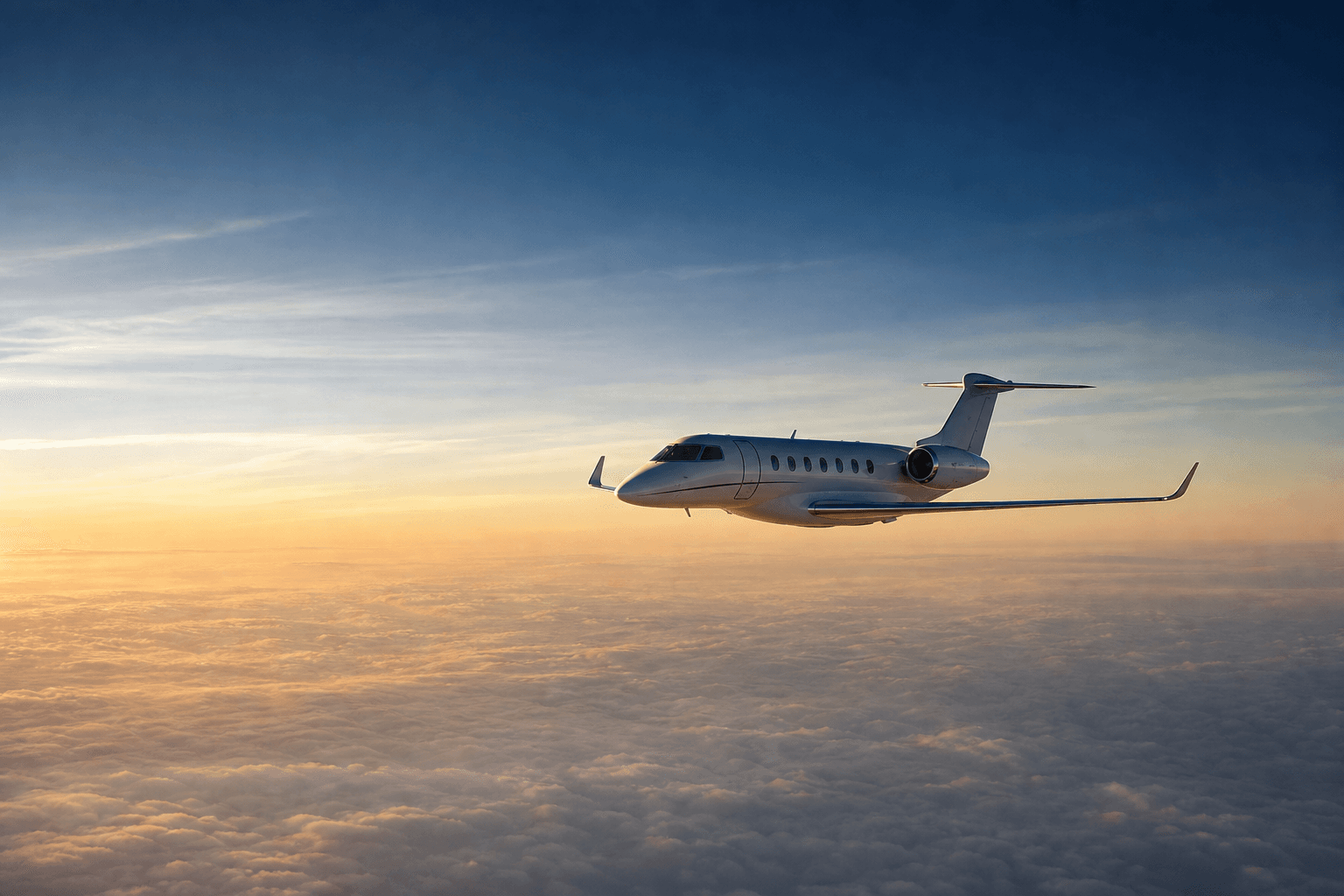 Private jet cruising above a golden-hour sea of clouds at altitude, illustrating private jet flight times and cruise speed.