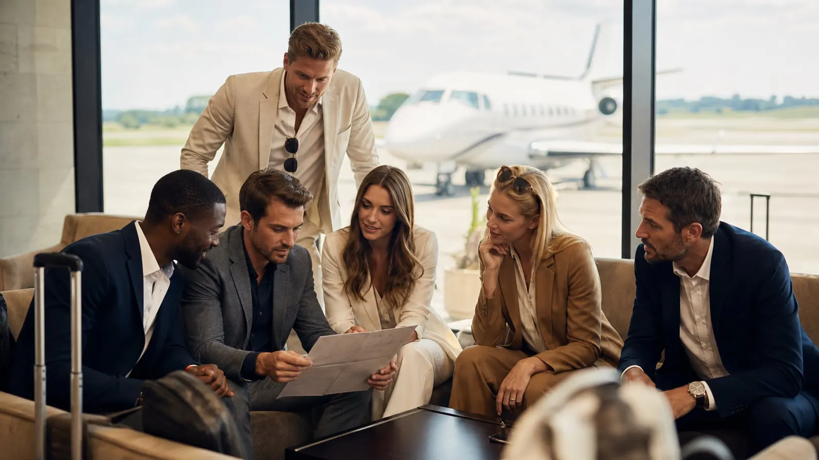 Group of travelers reviewing plans together in a private terminal lounge before a charter flight