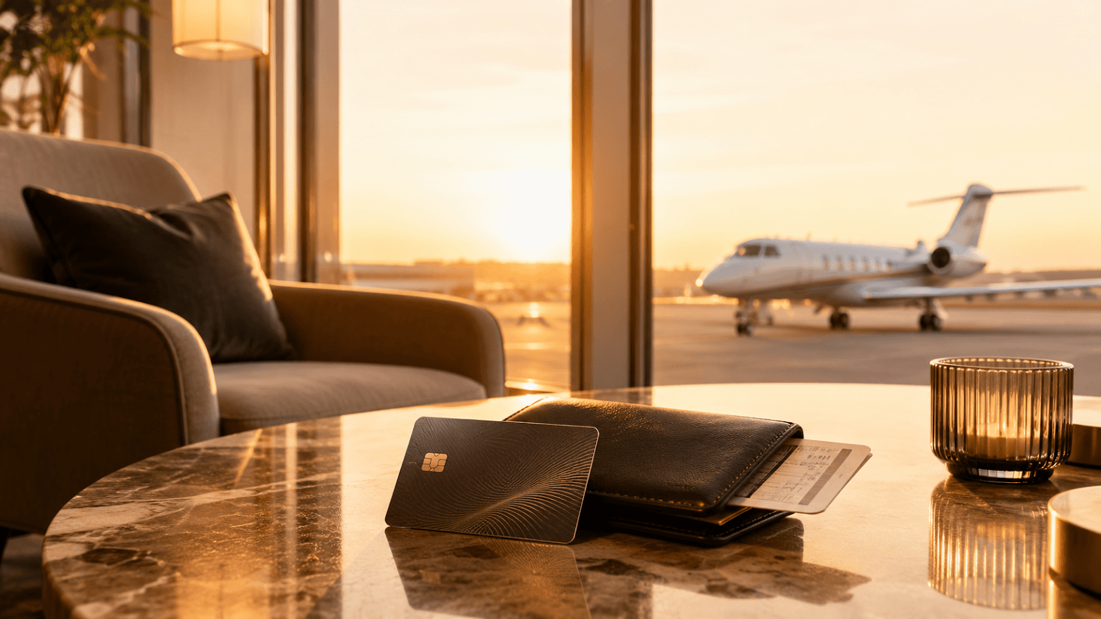 Premium jet membership card and travel wallet in a private terminal lounge