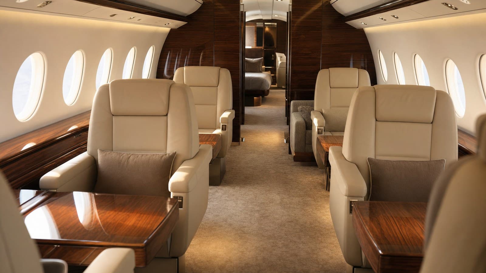 Empty luxury private jet cabin with cream leather seats and dark wood veneer — private jet interior by price tier
