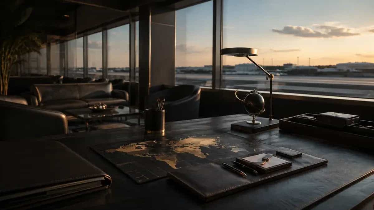 Premium aviation strategy workspace at sunset