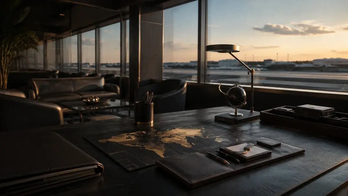 Premium aviation strategy workspace at sunset