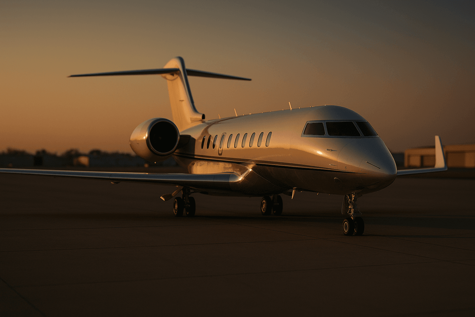 Large-cabin private jet on a quiet airport apron at golden-hour dusk, illustrating private jet ownership cost