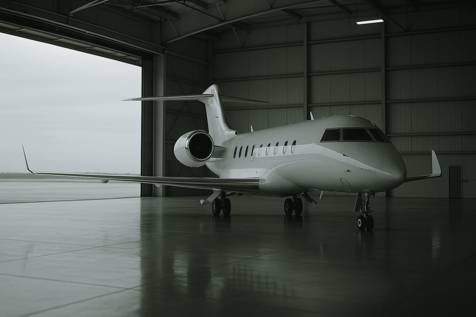 Un jet d'affaires stationné dans un hangar privé — le hangarage est l'un des principaux coûts fixes de possession