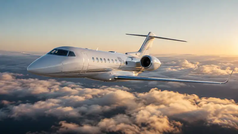 Private jet flying above the clouds at golden hour