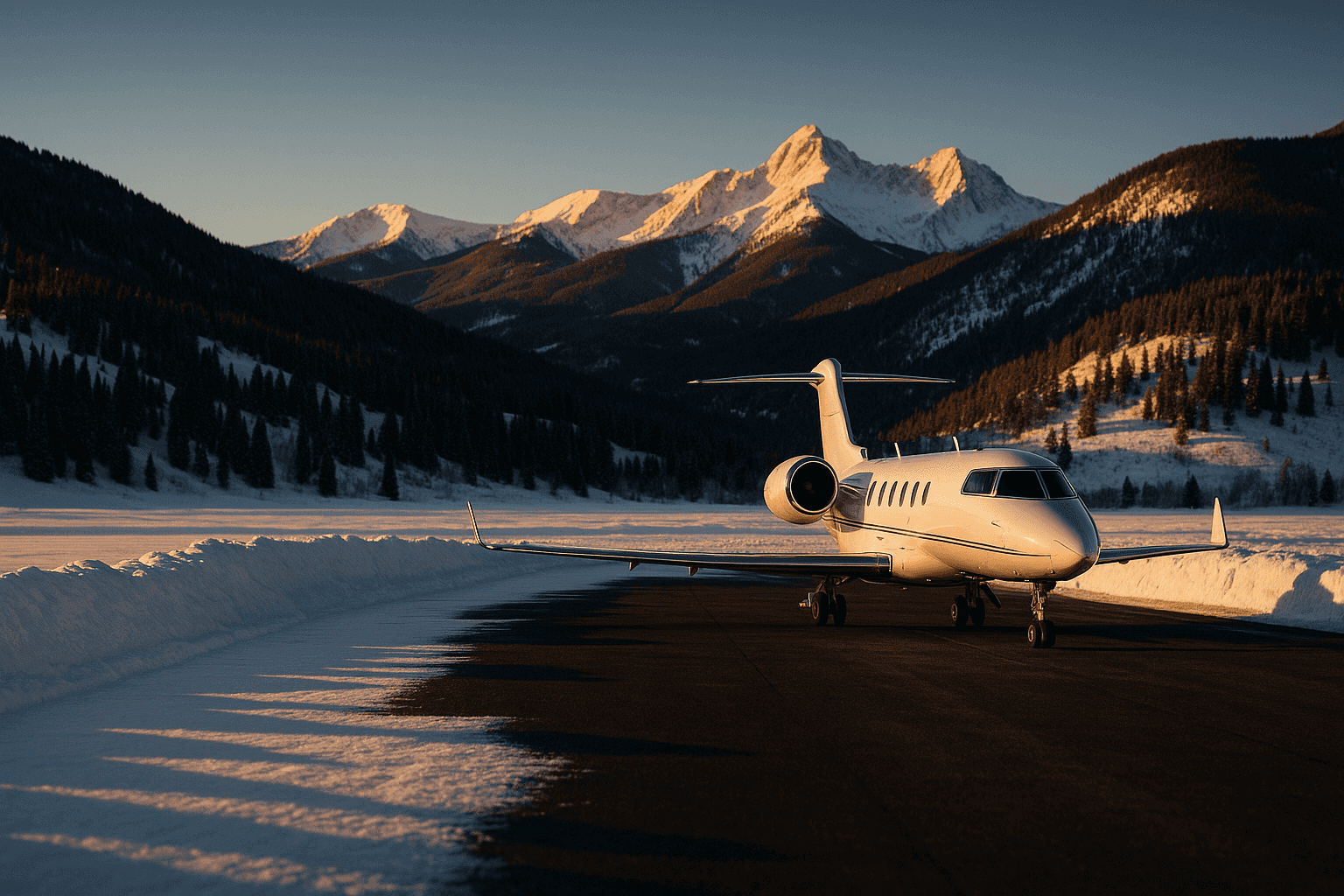 Private jet on the snowy ramp at Aspen airport at golden hour, Colorado Rocky Mountains behind