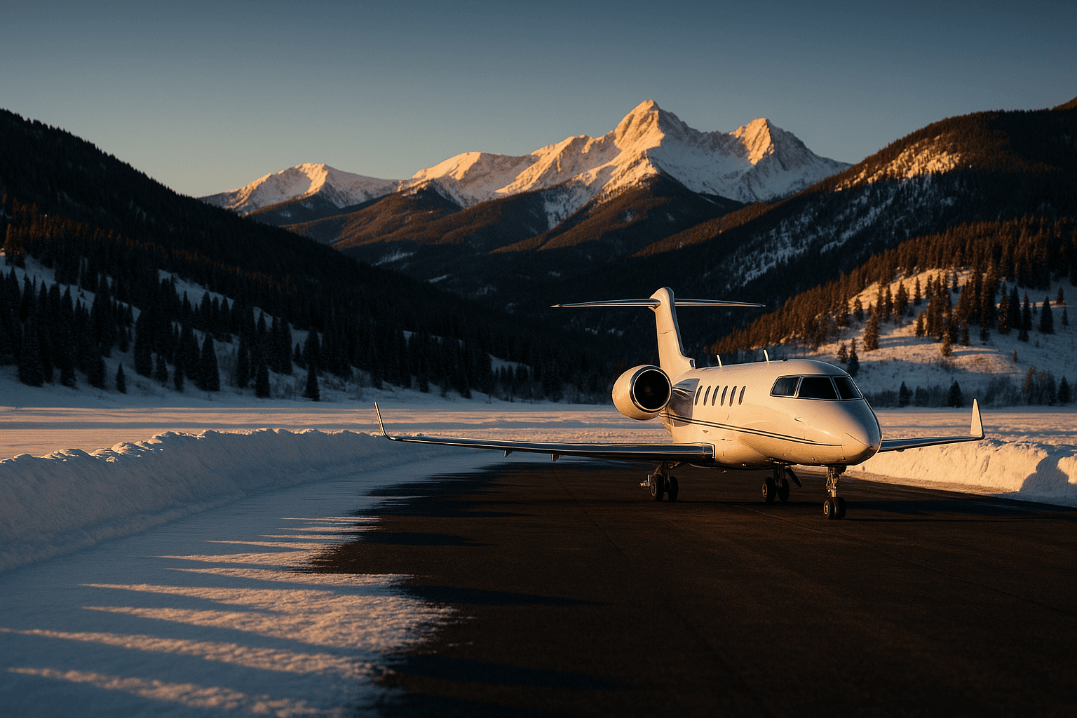 Private jet on the snowy ramp at Aspen airport at golden hour, Colorado Rocky Mountains behind