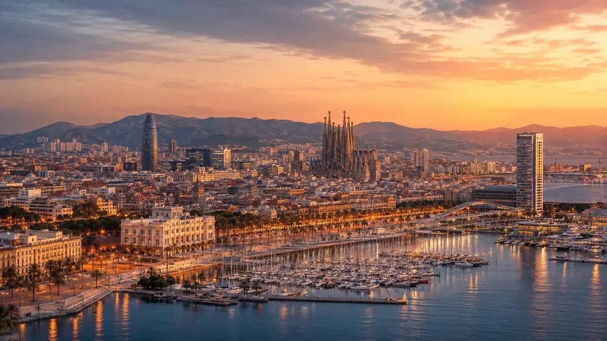 Barcelona skyline, Sagrada Família and marina at golden hour
