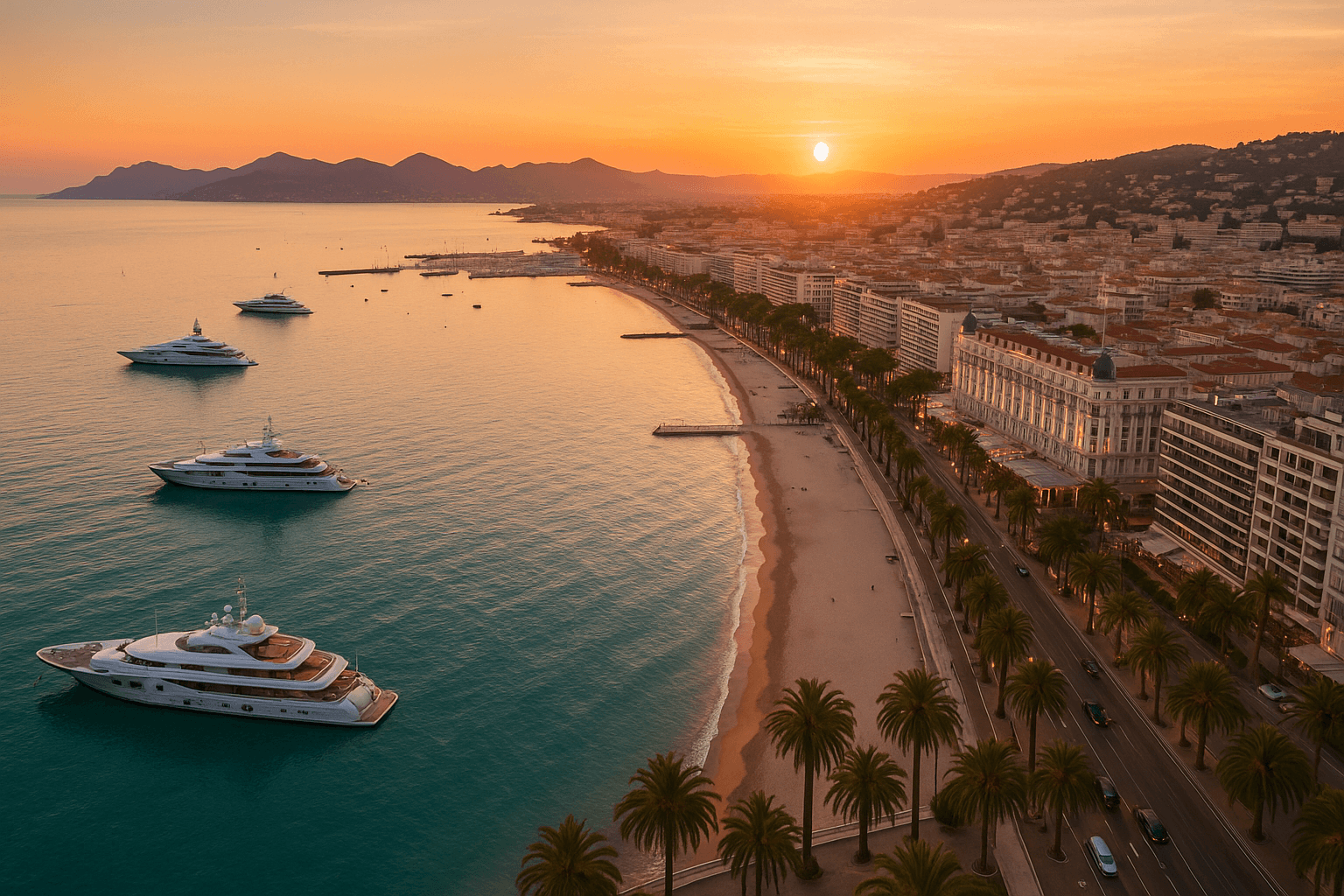 Vue aérienne de la baie de Cannes et de La Croisette au coucher du soleil avec des superyachts sur la Côte d'Azur, une destination pour jet privé