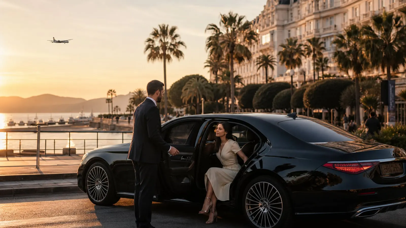 Golden-hour Cannes waterfront arrival with chauffeur transfer and a subtle private aircraft approach over La Croisette
