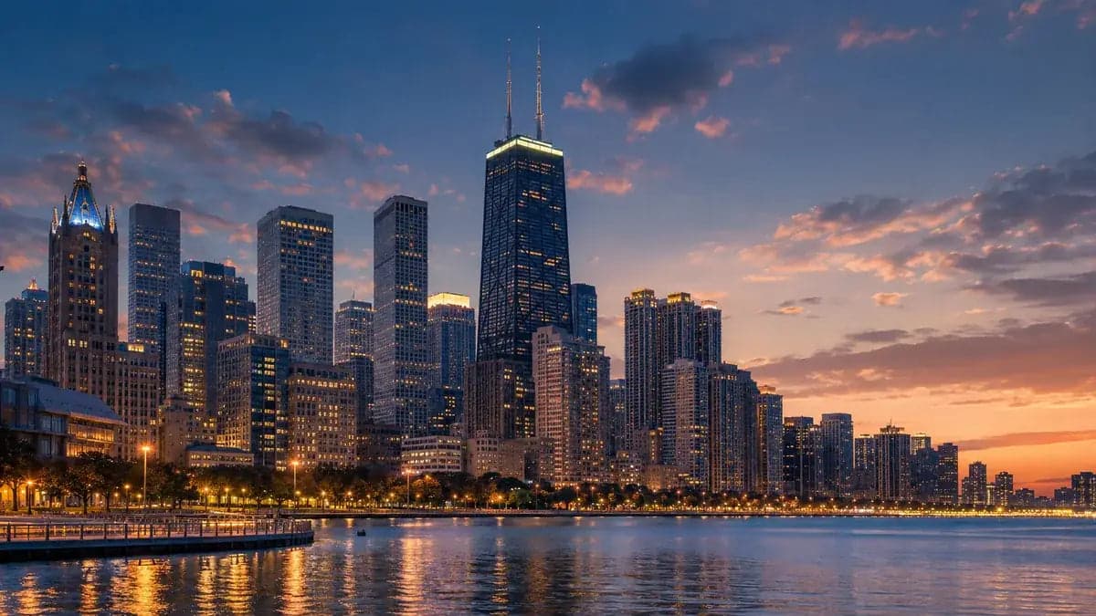 Chicago skyline at dusk reflected on Lake Michigan