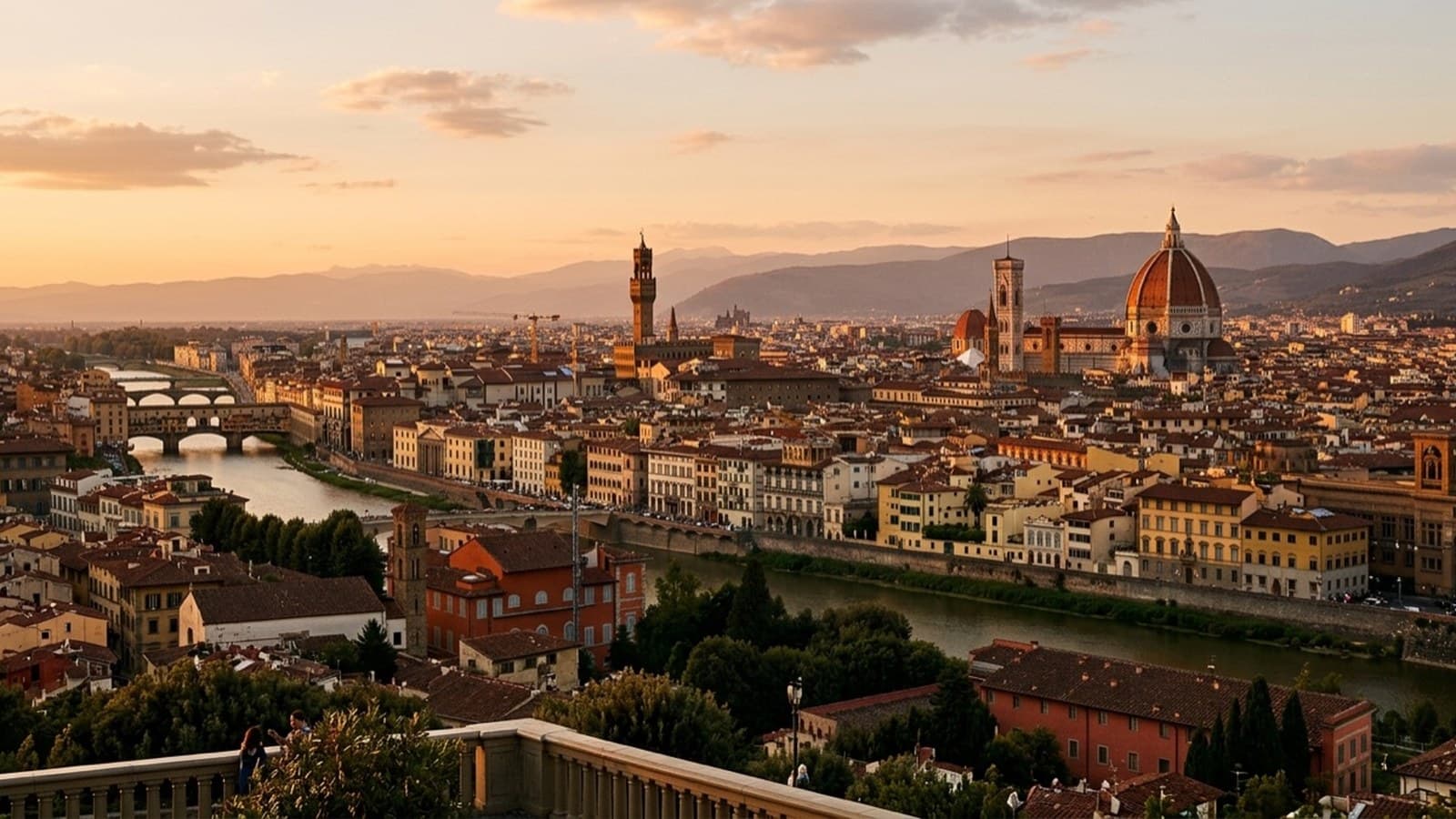 Florence at golden hour: the Duomo, Arno and Ponte Vecchio — Tuscany's private-jet gateway via Peretola (FLR)