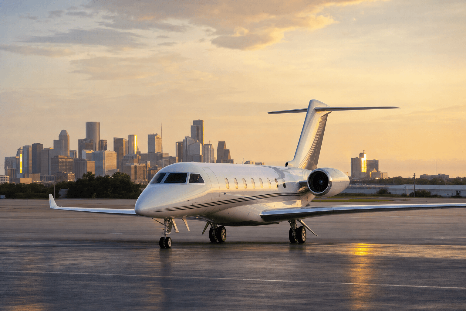 White private jet on a Houston executive airport apron at golden hour with the downtown Houston skyline behind