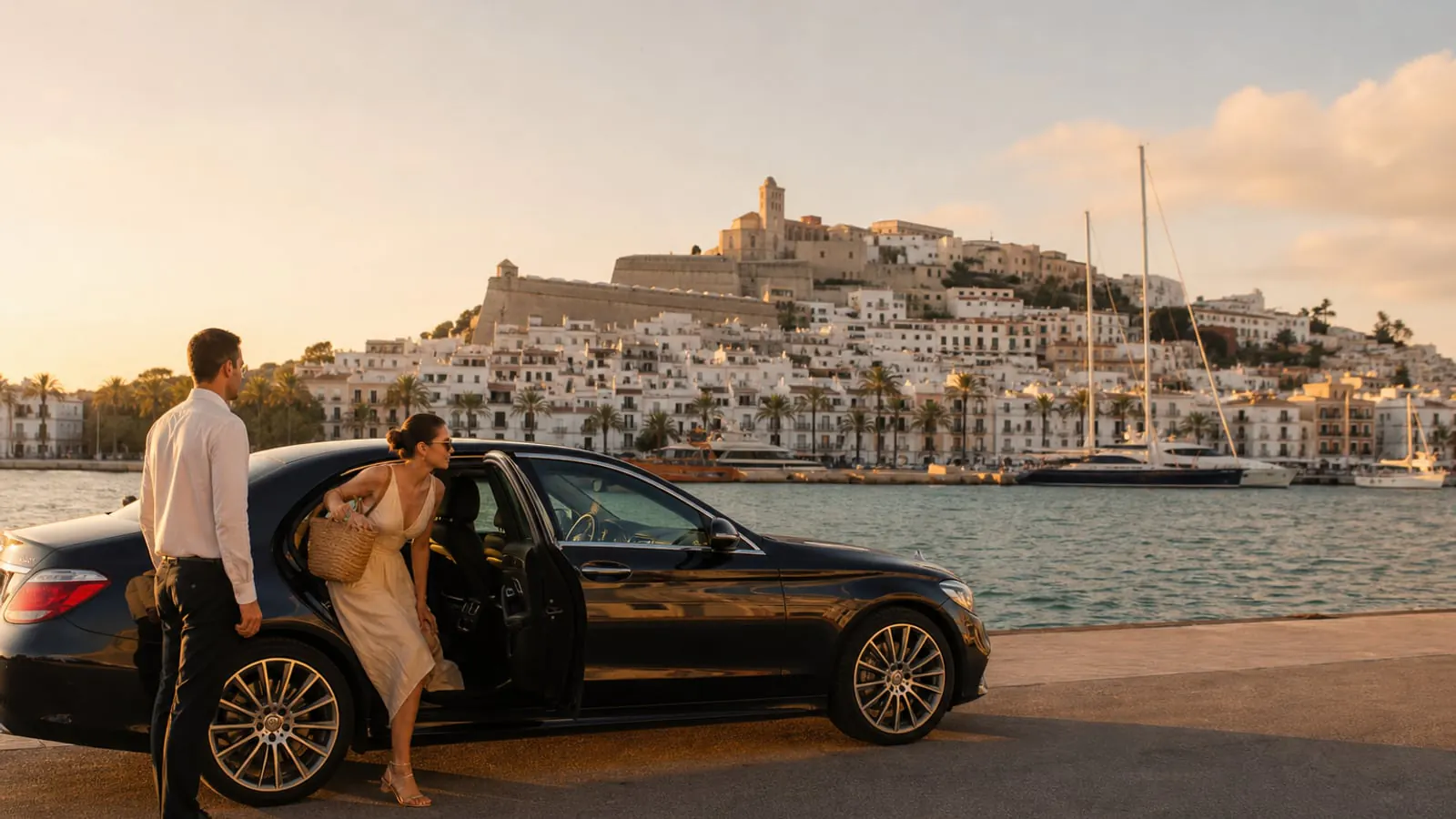 Private jet on the general-aviation apron at Ibiza Airport at golden hour with the Dalt Vila old town and Mediterranean sea beyond