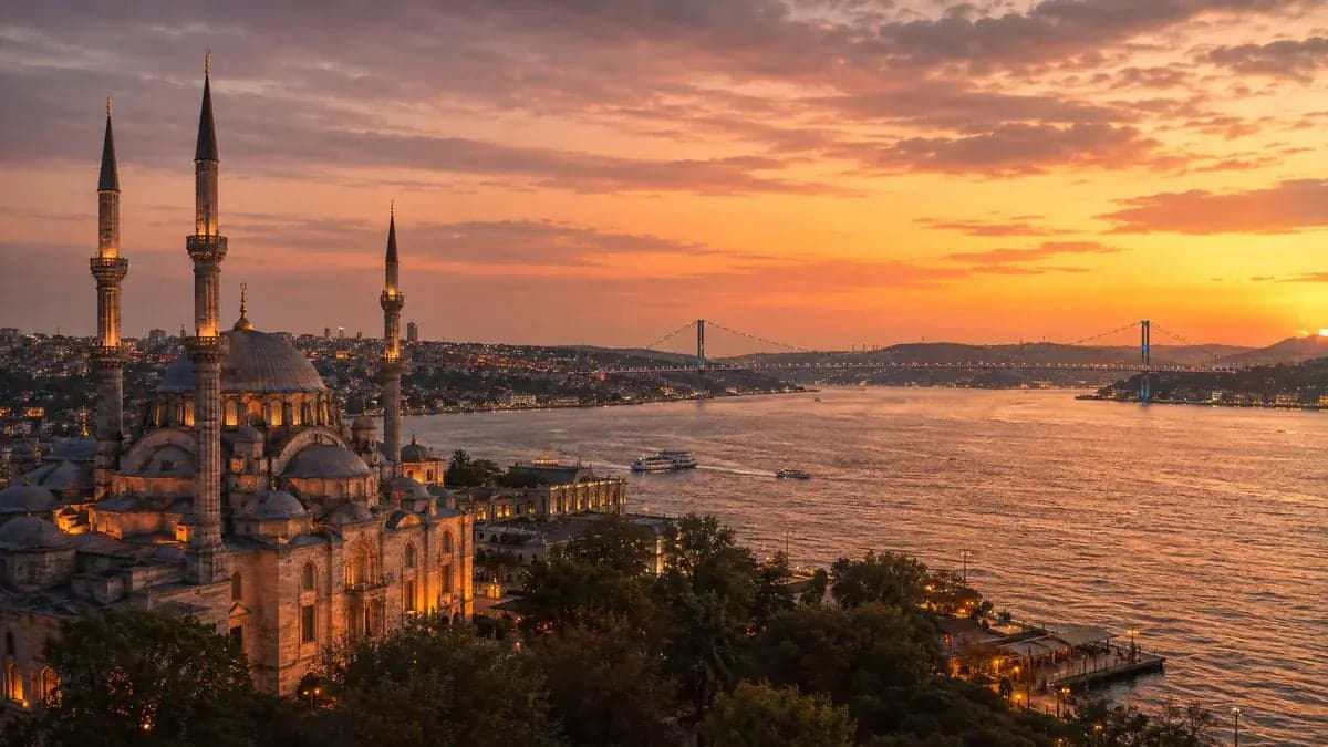 Istanbul waterfront, mosque and Bosphorus at sunset