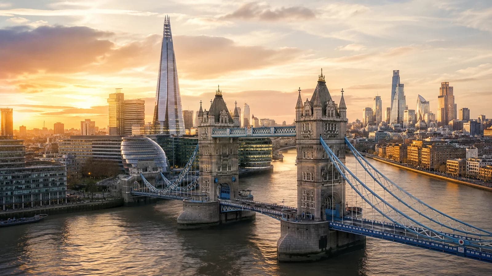 Tower Bridge, the River Thames and London skyline at golden hour