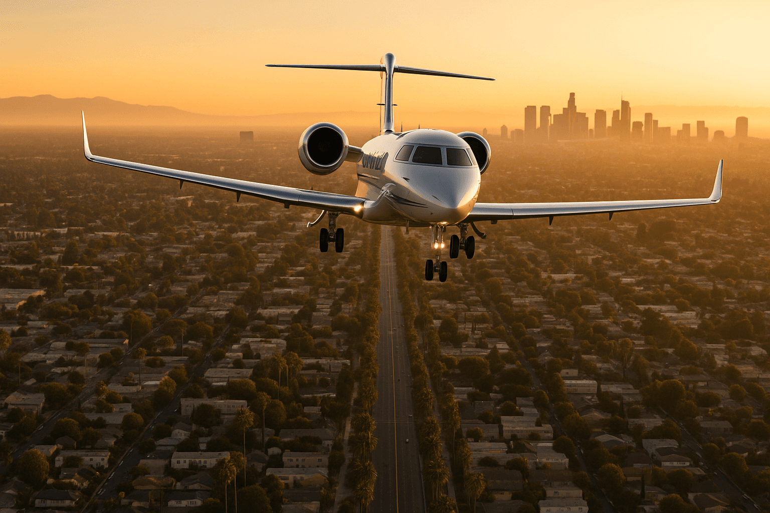 Private jet on approach over Los Angeles at golden hour with the San Fernando Valley and downtown skyline
