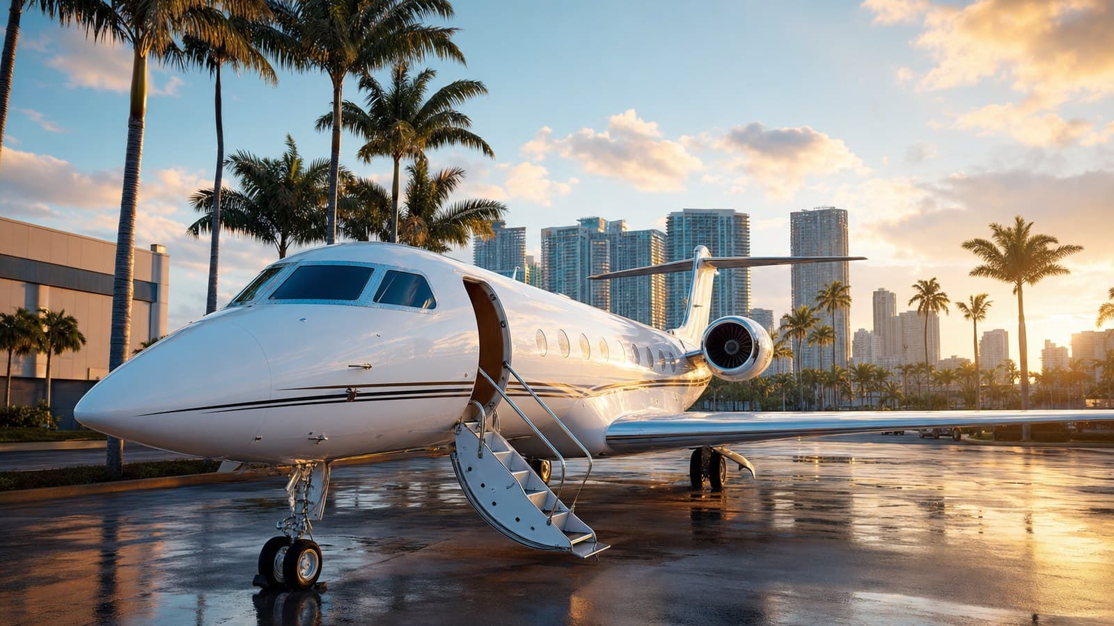 White private jet on a Miami executive airport apron at golden hour, palm trees and the Miami Beach skyline behind