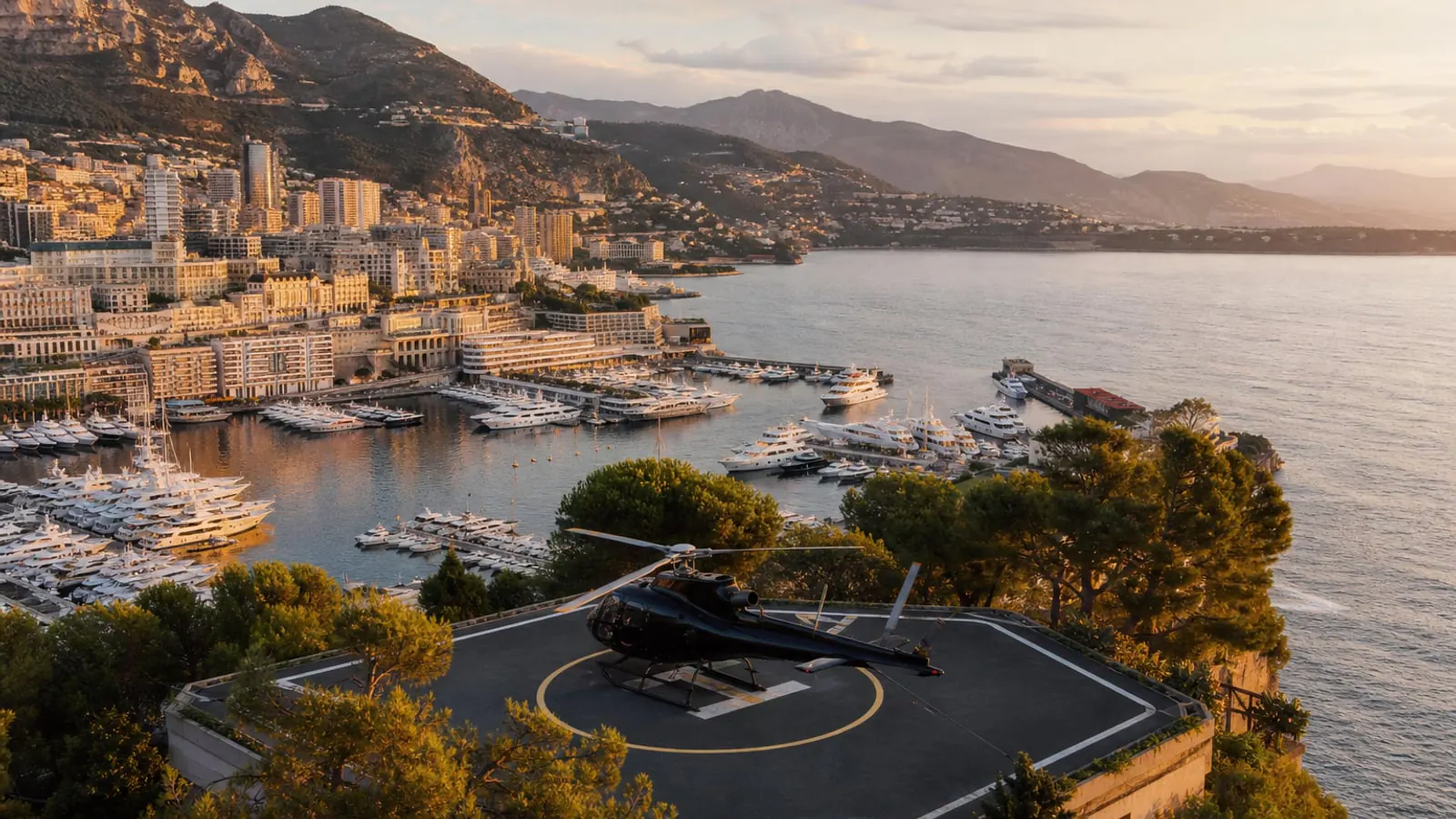 Monaco Port Hercules at golden hour with a helicopter transfer pad overlooking the Mediterranean