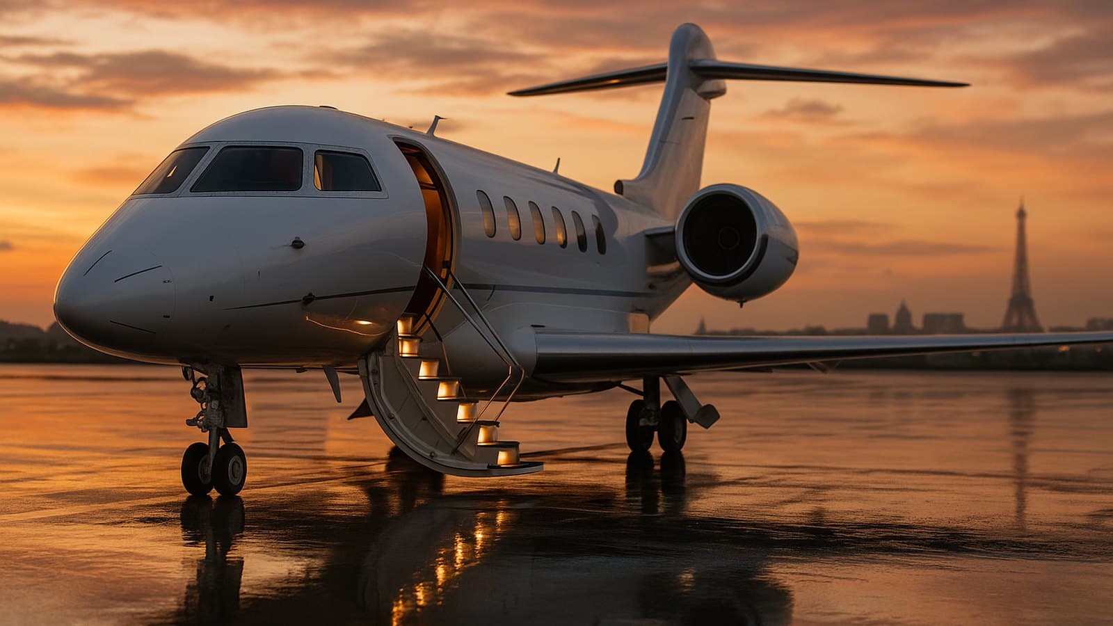 White private jet on the wet apron at Paris-Le Bourget at golden hour, with the Eiffel Tower on the skyline