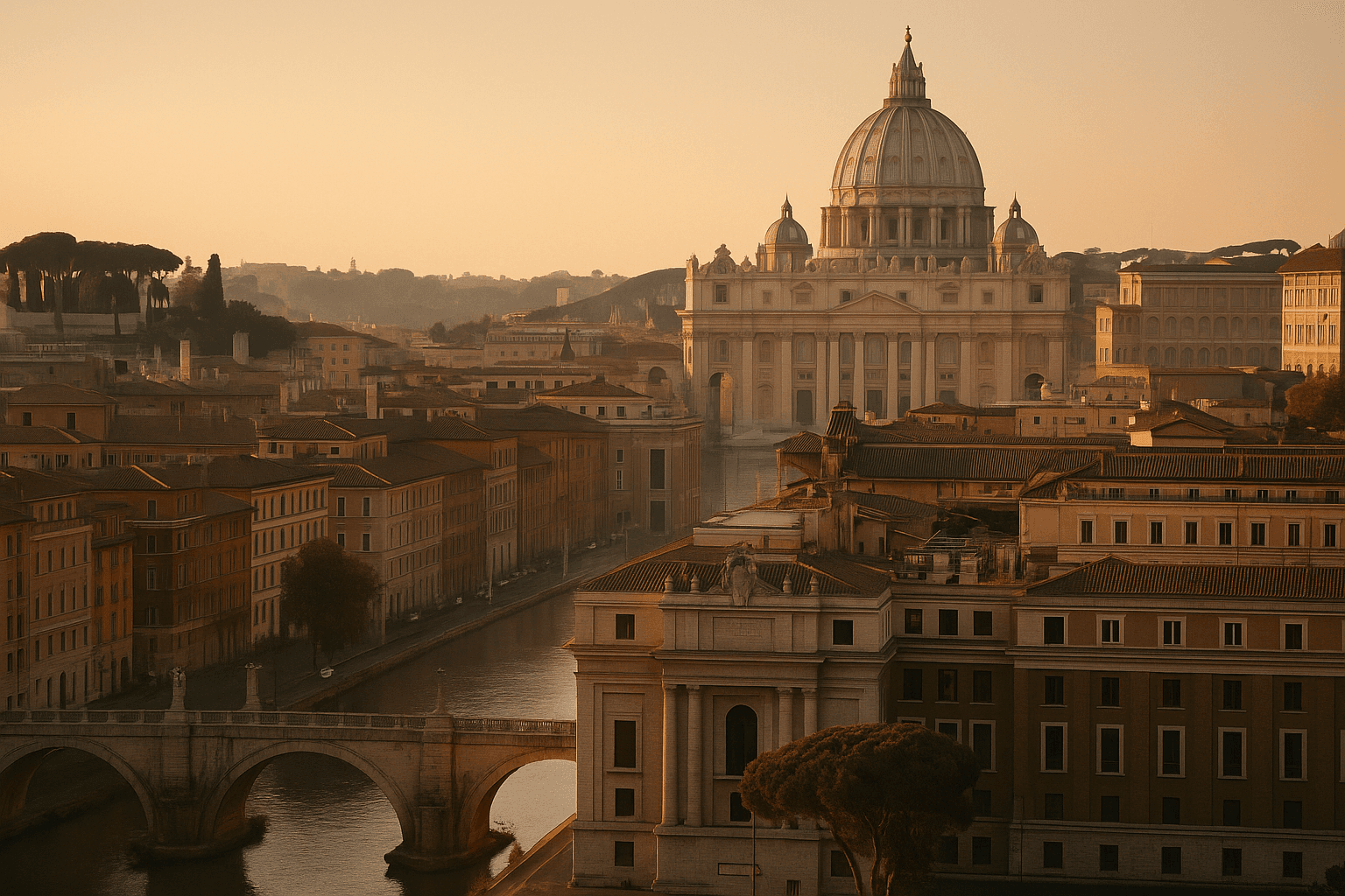 Rome skyline at golden hour with St Peter's Basilica dome above the Tiber, the Eternal City private jet gateway
