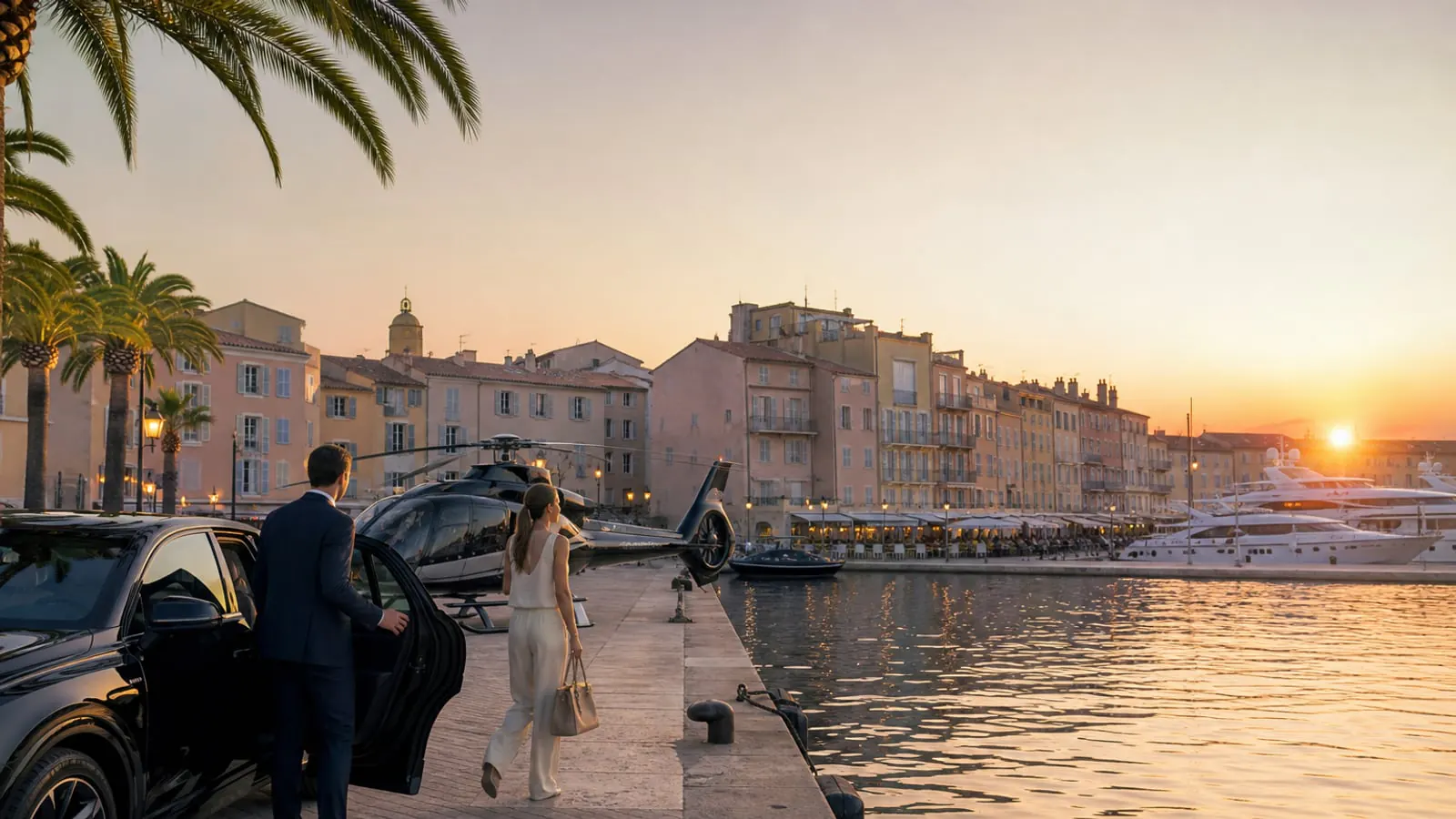 Saint-Tropez harbor at sunset with a luxury transfer arrival beside yachts and pastel waterfront buildings