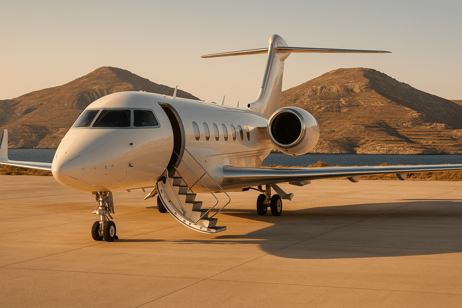 Un jet privé sur l'aire de trafic ensoleillée d'un aéroport insulaire grec, avec des collines volcaniques et la mer Égée en arrière-plan, illustrant une arrivée en jet privé à Santorin