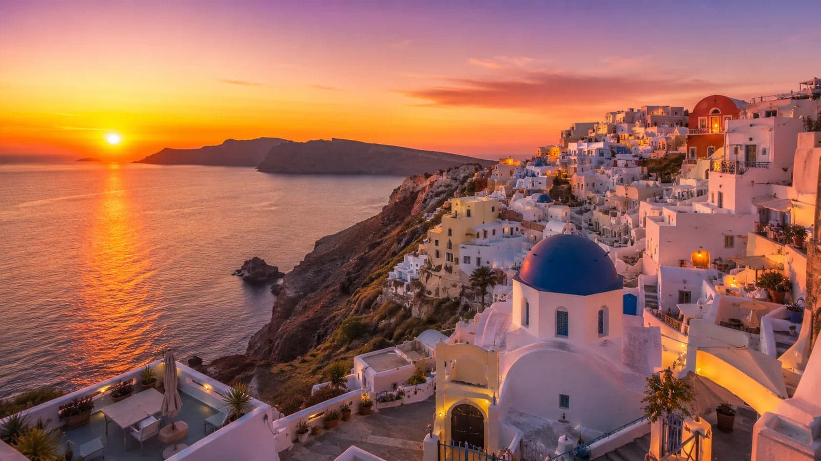 Santorini caldera and whitewashed Oia village at sunset