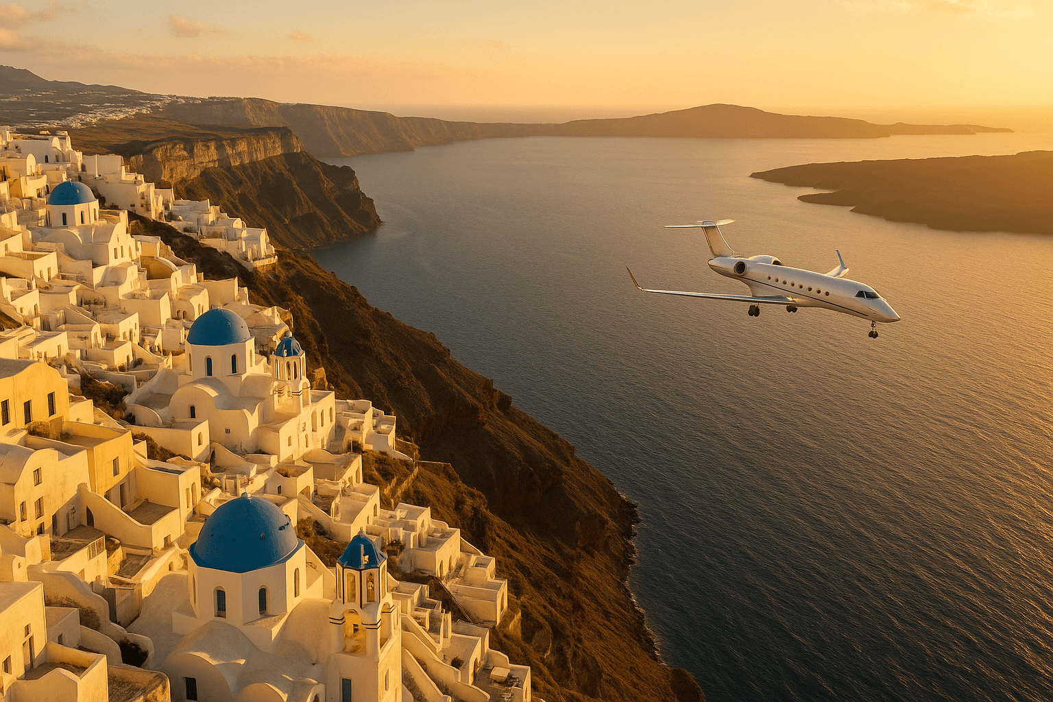 Private jet on approach over the Santorini caldera and Oia's white cliff-top villages at golden hour
