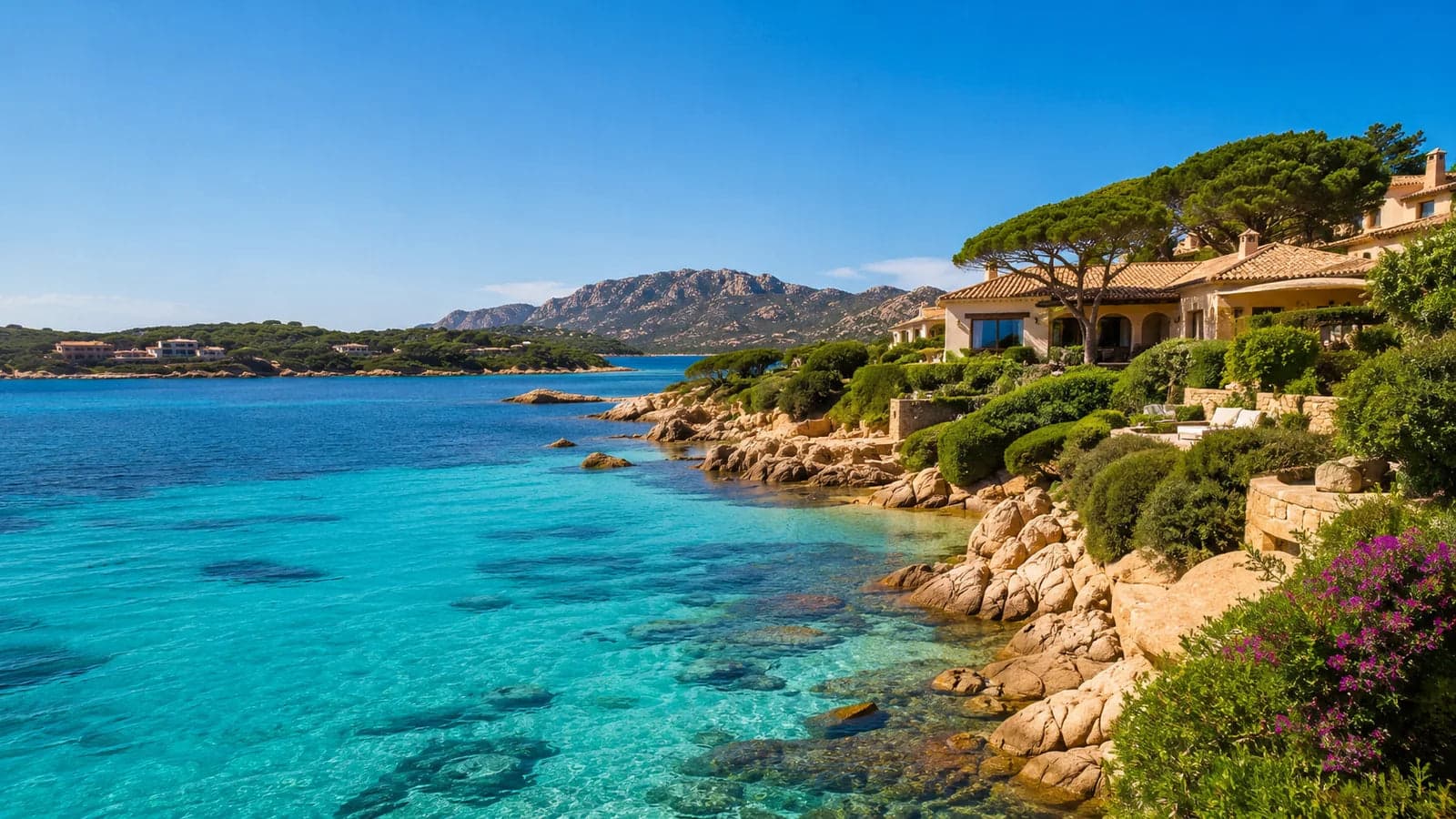 Costa Smeralda turquoise coastline and Mediterranean villas in Sardinia