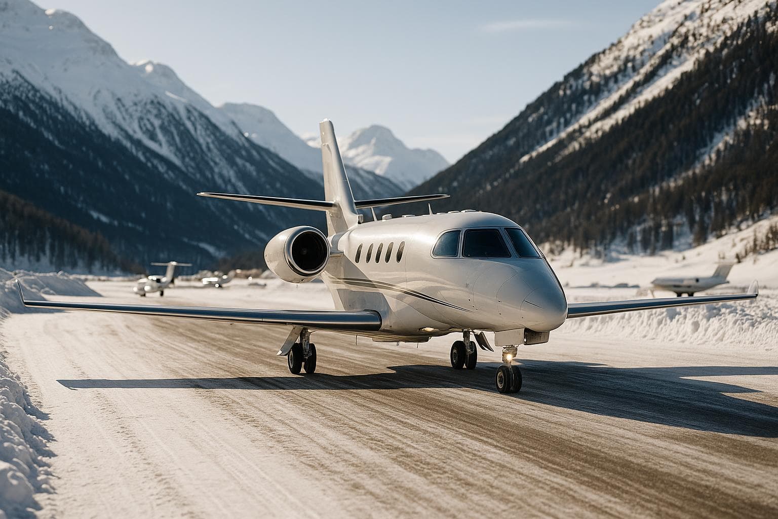 Un jet leggero privato in rullaggio sul piazzale bordato di neve dell'aeroporto di Samedan Engadina, incorniciato da ripide Alpi svizzere innevate vicino a St. Moritz, nella bassa luce invernale