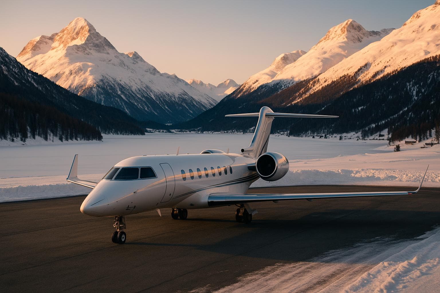 Private jet on the Samedan Engadin airport apron near St. Moritz with snow-capped Swiss Alps and a frozen lake at golden hour