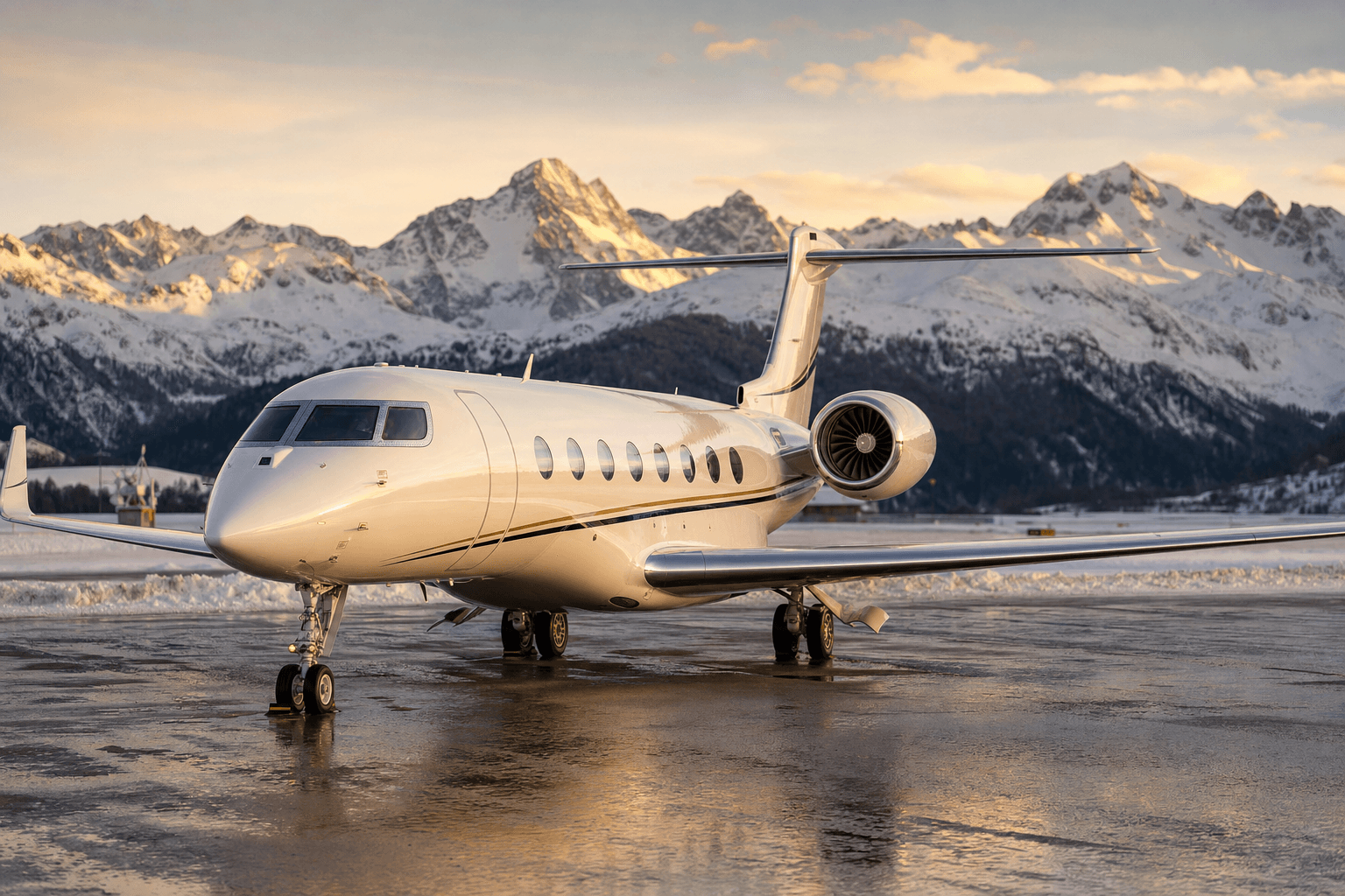 Private jet on a snowy Alpine apron at golden hour, snow-capped Swiss Alps behind — the Zurich gateway to St. Moritz