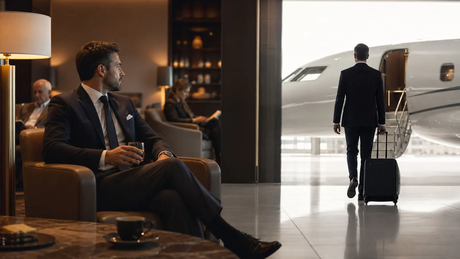 Business traveler comparing first-class lounge comfort with direct private jet boarding