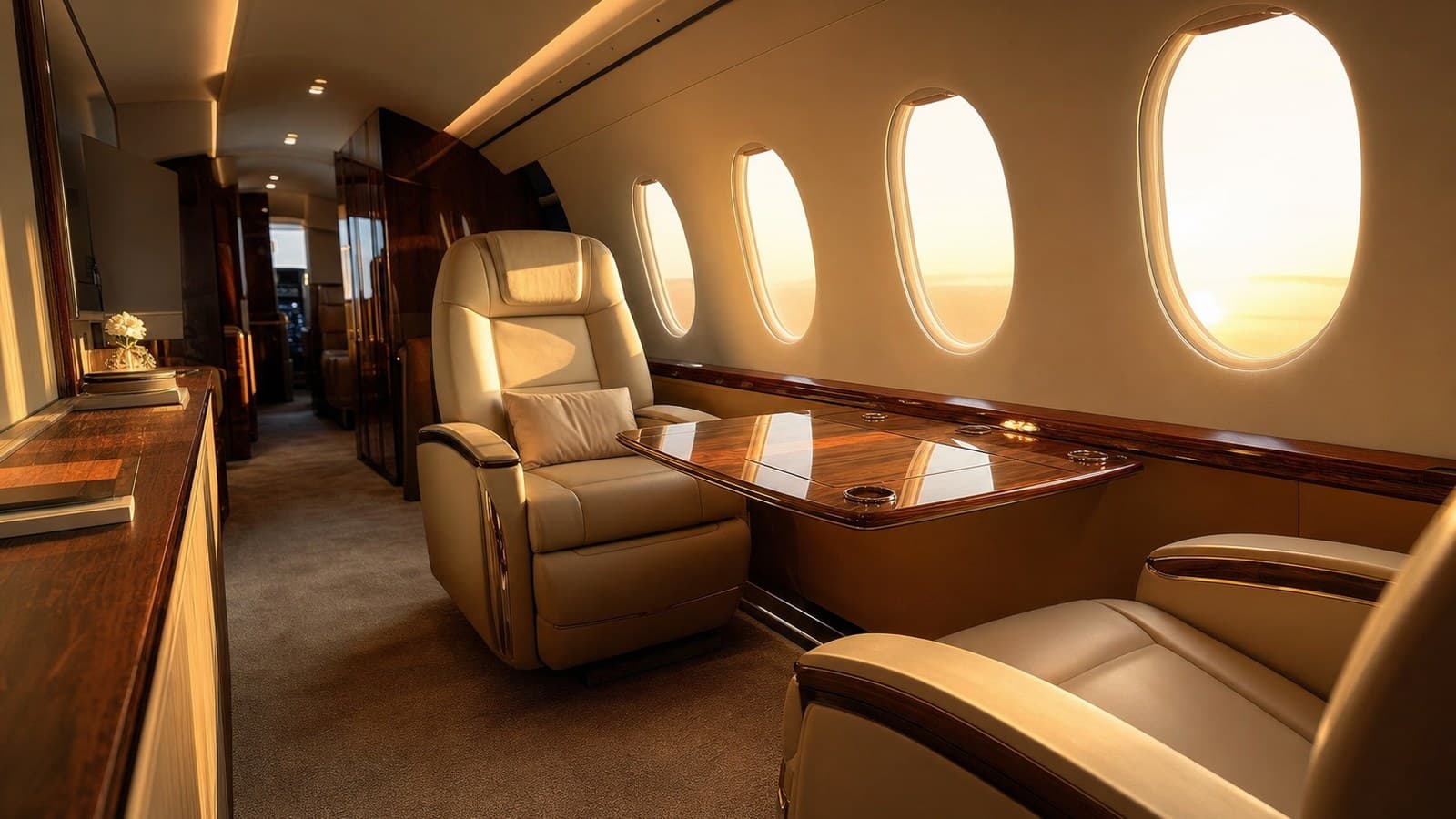 Empty private jet cabin at golden hour, cream leather seats and walnut veneer — private jet vs first class comfort
