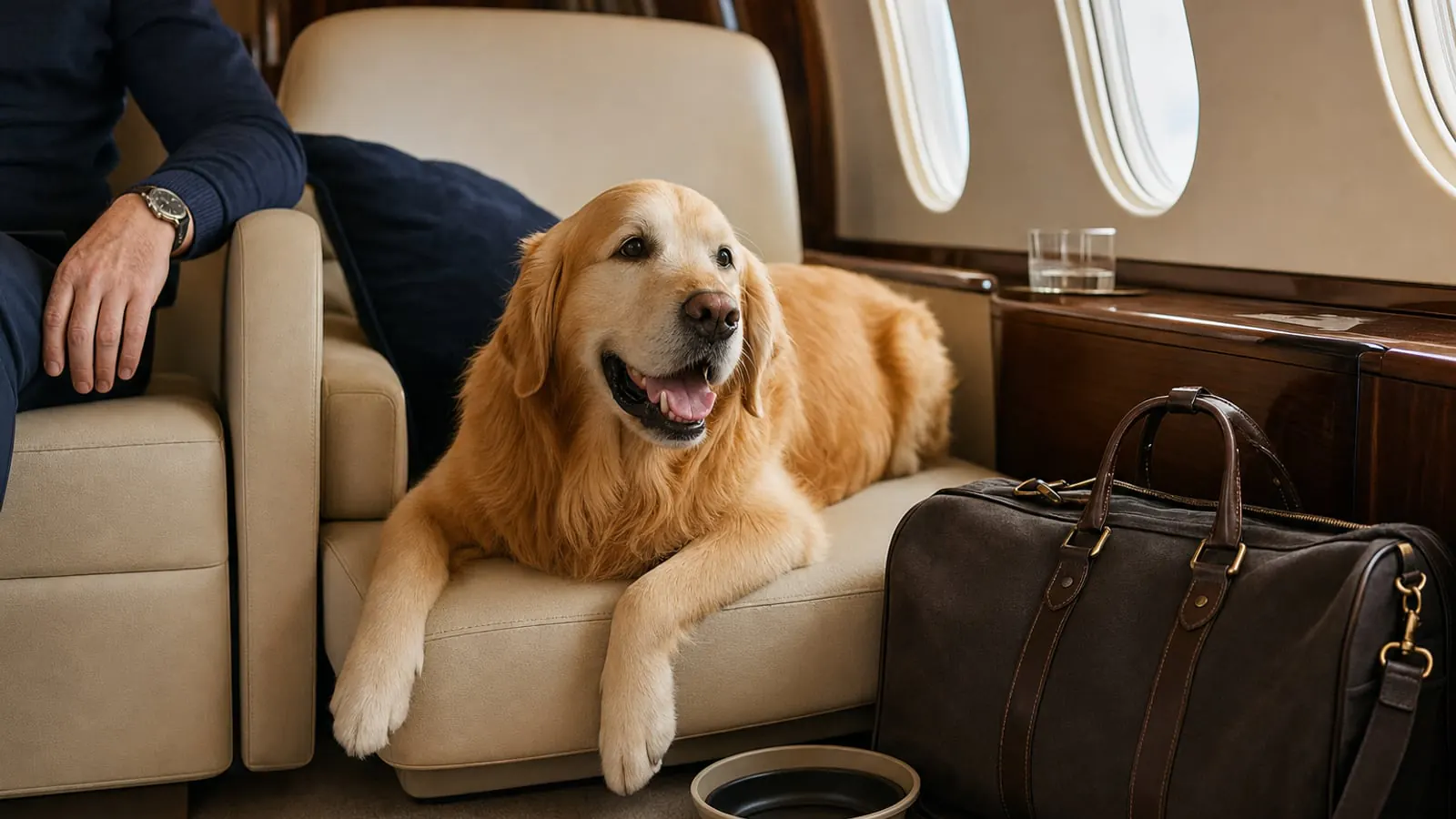 Golden retriever resting comfortably on a cream leather seat inside a private jet cabin