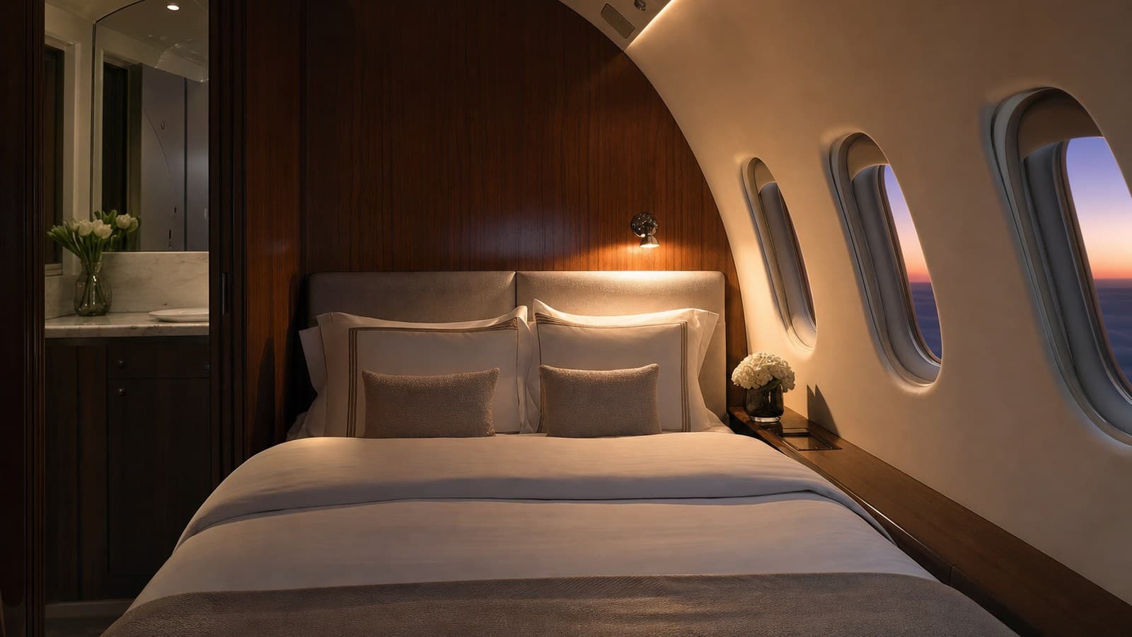 Private jet aft cabin made up as a double bedroom at dusk — private jets with real beds and bedroom suites