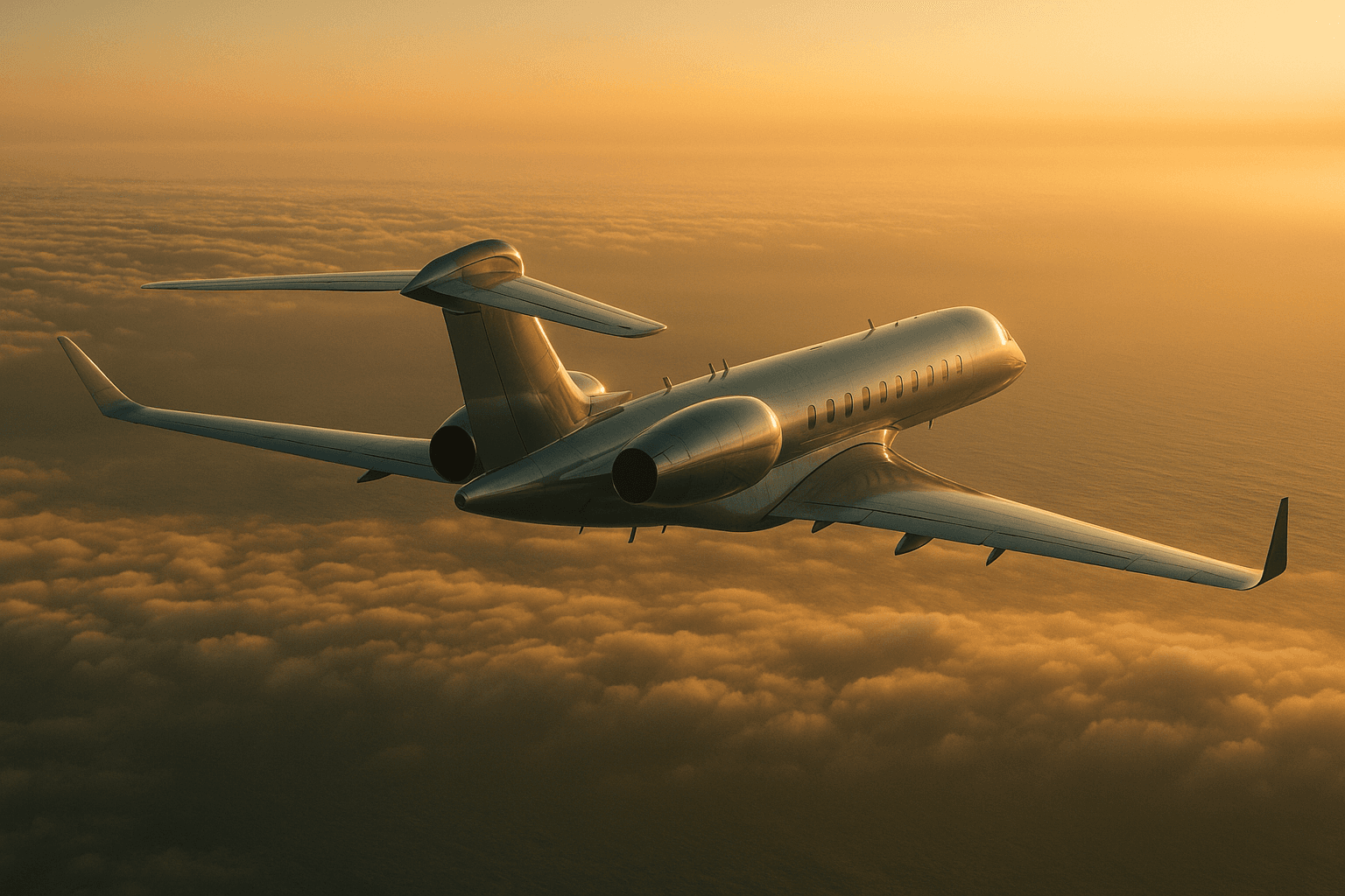 Ultra-long-range private jet cruising above the Atlantic Ocean cloud deck at golden hour on a transatlantic crossing