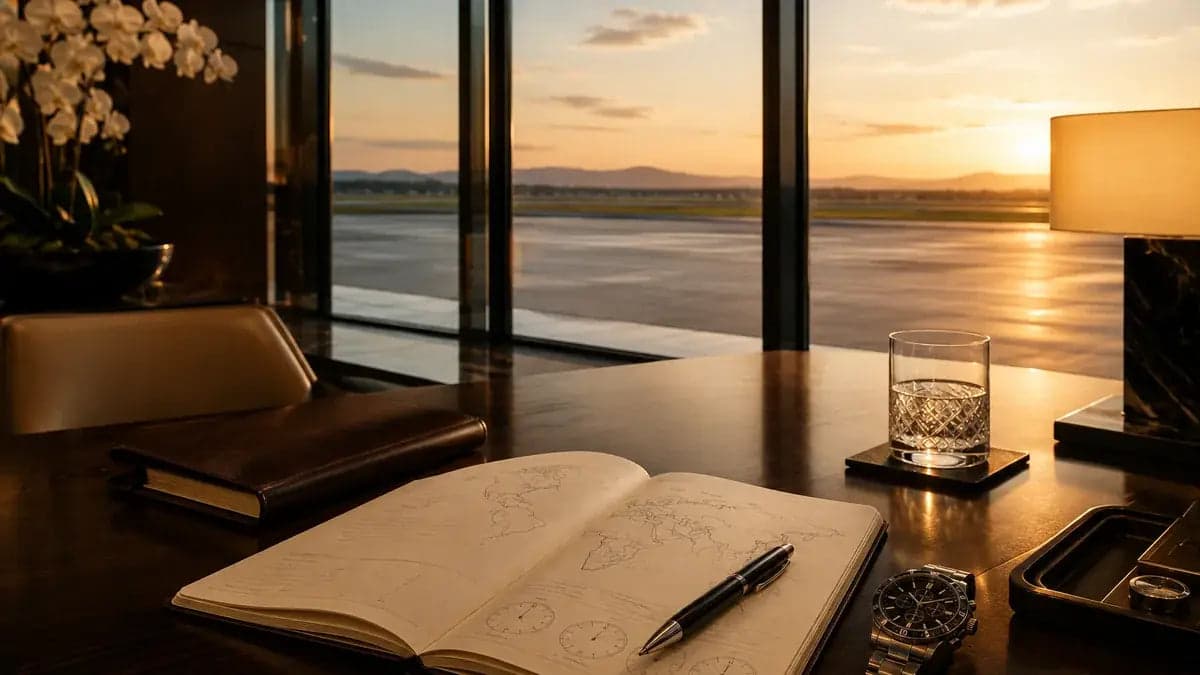 Premium aviation planning desk at sunset