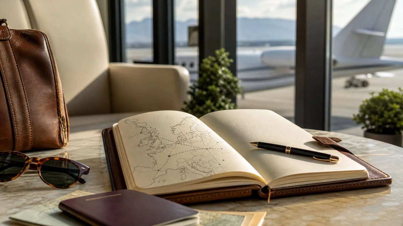 Private aviation Europe planning scene with notebook, passport, route map and aircraft tail outside