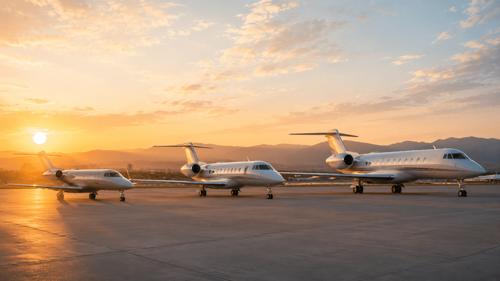 Private jets of different sizes lined up on the apron at golden hour, illustrating light, midsize and heavy jet categories