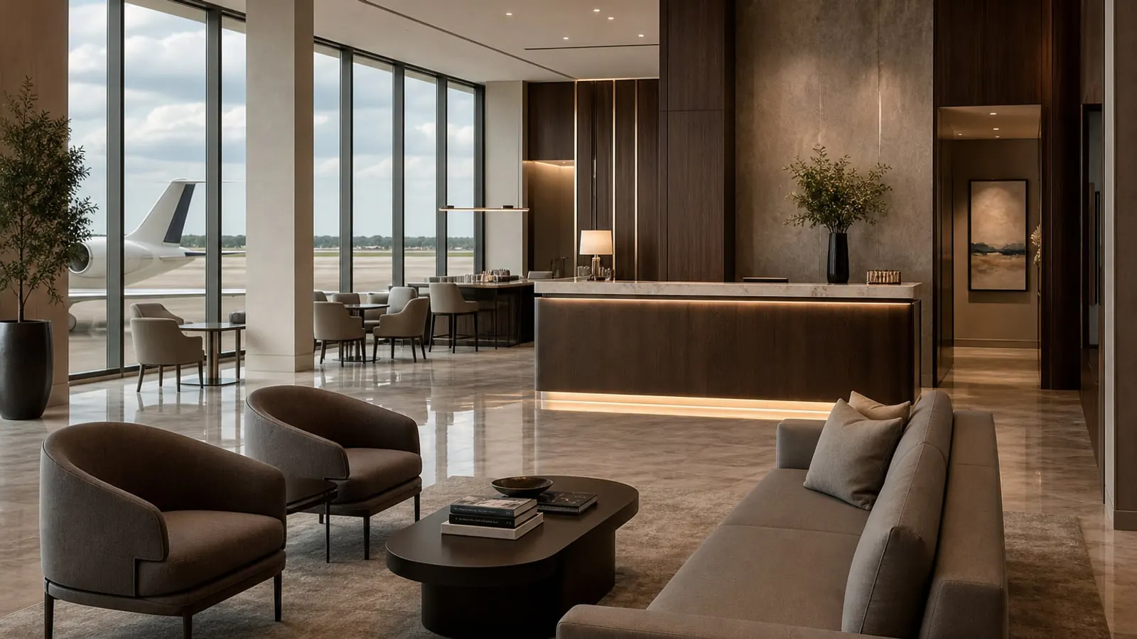 Elegant private jet FBO lounge with concierge desk and aircraft tail visible through apron windows